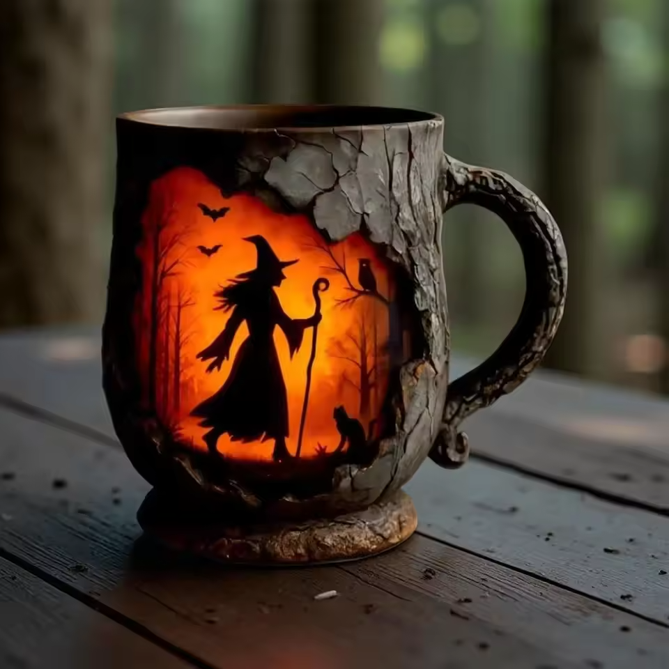 Artisan 3D Halloweenský hrnek – S designem čarodějnice a kočky